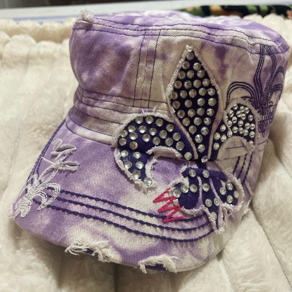 Purple Tie-Dye Cap with Rhinestone Fleur-de-Lis
